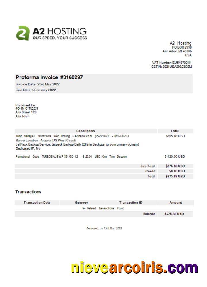 USA A2 Hosting invoice